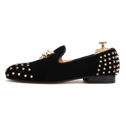 Men's Velvet Shoes: Stylish Slip-On Loafers with Gold Tiger Buckle and Spikes, Perfect for Fashion Parties and Casual Luxury - B&R African Styles