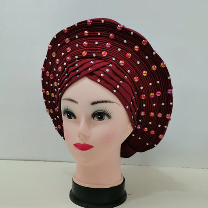Nigerian Fashion Gele Headtie Aso Oke Gele Already Made Auto Gele Aso African Turban Cap With Beads For Party 1Piece - B&R African Styles