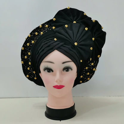 Nigerian Fashion Gele Headtie Aso Oke Gele Already Made Auto Gele Aso African Turban Cap With Beads For Party 1Piece - B&R African Styles
