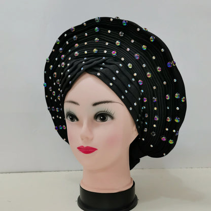 Nigerian Fashion Gele Headtie Aso Oke Gele Already Made Auto Gele Aso African Turban Cap With Beads For Party 1Piece - B&R African Styles