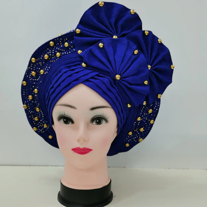 Nigerian Fashion Gele Headtie Aso Oke Gele Already Made Auto Gele Aso African Turban Cap With Beads For Party 1Piece - B&R African Styles