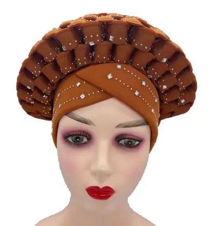 Nigerian Fashion Gele Headtie Aso Oke Gele Already Made Auto Gele Aso African Turban Cap With Beads For Party 1Piece - B&R African Styles
