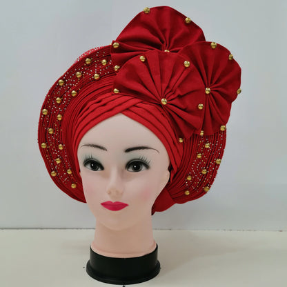 Nigerian Fashion Gele Headtie Aso Oke Gele Already Made Auto Gele Aso African Turban Cap With Beads For Party 1Piece - B&R African Styles