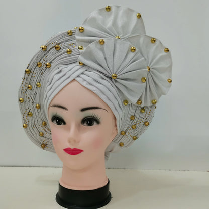Nigerian Fashion Gele Headtie Aso Oke Gele Already Made Auto Gele Aso African Turban Cap With Beads For Party 1Piece - B&R African Styles