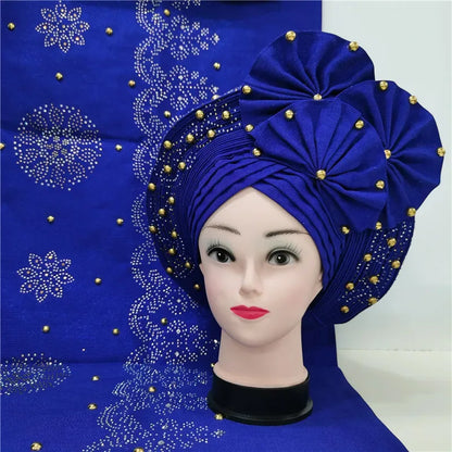 Auto Gele Aso Oke beaded African Headtie - B&R African Styles