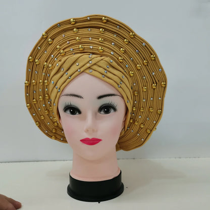 Nigerian Fashion Gele Headtie Aso Oke Gele Already Made Auto Gele Aso African Turban Cap With Beads For Party 1Piece - B&R African Styles