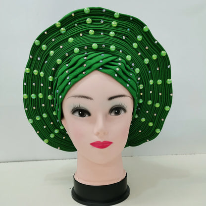 Nigerian Fashion Gele Headtie Aso Oke Gele Already Made Auto Gele Aso African Turban Cap With Beads For Party 1Piece - B&R African Styles