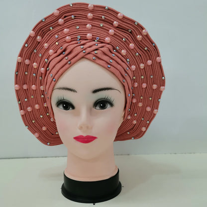 Nigerian Fashion Gele Headtie Aso Oke Gele Already Made Auto Gele Aso African Turban Cap With Beads For Party 1Piece - B&R African Styles