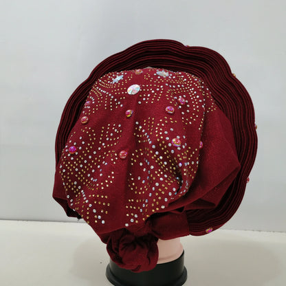 Nigerian Fashion Gele Headtie Aso Oke Gele Already Made Auto Gele Aso African Turban Cap With Beads For Party 1Piece - B&R African Styles