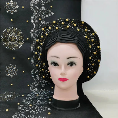Auto Gele Aso Oke beaded African Headtie - B&R African Styles