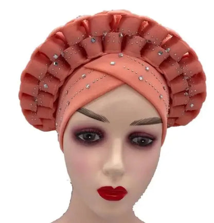 Nigerian Fashion Gele Headtie Aso Oke Gele Already Made Auto Gele Aso African Turban Cap With Beads For Party 1Piece - B&R African Styles