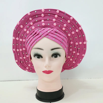 Nigerian Fashion Gele Headtie Aso Oke Gele Already Made Auto Gele Aso African Turban Cap With Beads For Party 1Piece - B&R African Styles