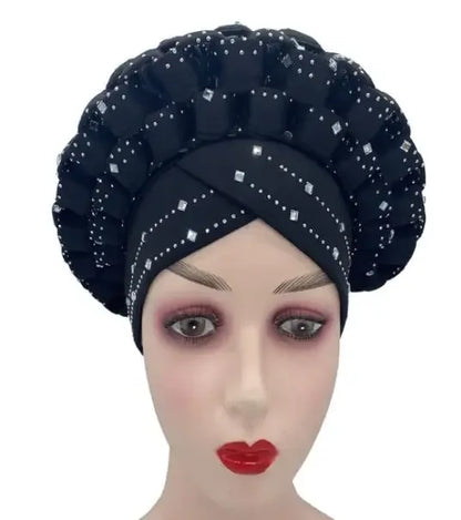 Nigerian Fashion Gele Headtie Aso Oke Gele Already Made Auto Gele Aso African Turban Cap With Beads For Party 1Piece - B&R African Styles