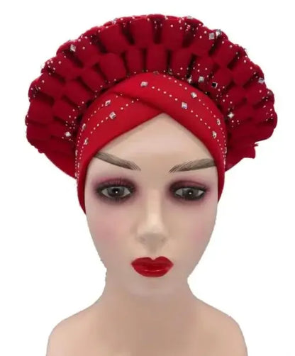 Nigerian Fashion Gele Headtie Aso Oke Gele Already Made Auto Gele Aso African Turban Cap With Beads For Party 1Piece - B&R African Styles
