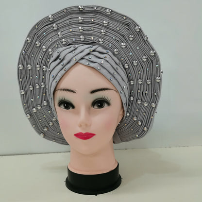 Nigerian Fashion Gele Headtie Aso Oke Gele Already Made Auto Gele Aso African Turban Cap With Beads For Party 1Piece - B&R African Styles
