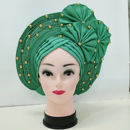 Nigerian Fashion Gele Headtie Aso Oke Gele Already Made Auto Gele Aso African Turban Cap With Beads For Party 1Piece - B&R African Styles