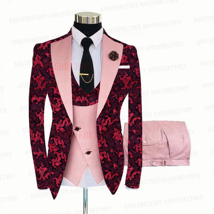 Red Floral Print Men's Suit 3 Pieces Slim fit Suit Jacket For Wedding, Special Events - B&R African Styles