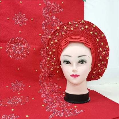 Auto Gele Aso Oke beaded African Headtie - B&R African Styles