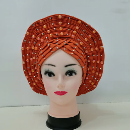 Nigerian Fashion Gele Headtie Aso Oke Gele Already Made Auto Gele Aso African Turban Cap With Beads For Party 1Piece - B&R African Styles