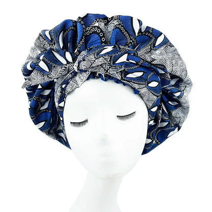 African Print Satin Bonnet with Long Ribbon Wrap Double Layer Headwrap Ankara Pattern Women Hair Cover Hair Wrap Cap - B&R African Styles