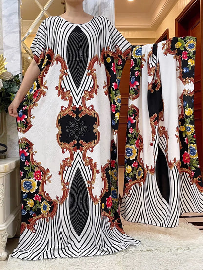 Elegant Tie-Dye Abaya African Floral Cotton Maxi Dress - B&R African Styles