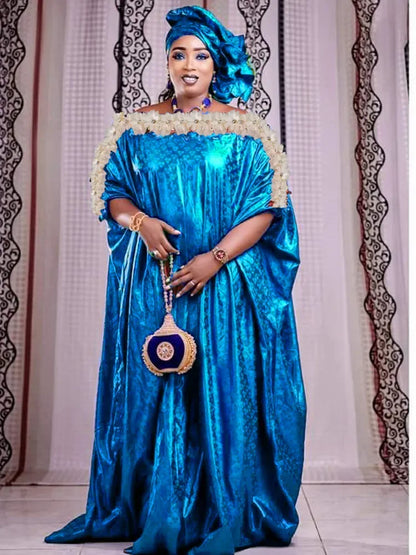 Bazin Riche Long Dresses For Women with Scarf - B&R African Styles