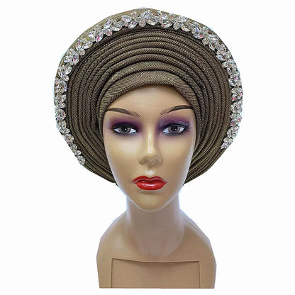 Blue African Hijab Caps with Diamonds Aso Oke Gele Headtie - B&R African Styles