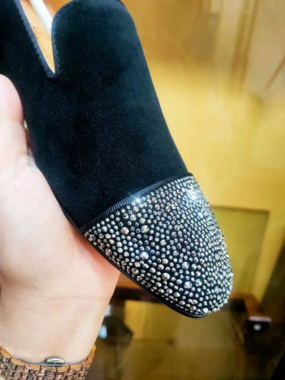 Experience Luxe Comfort: Black Suede Men's Loafers Adorned with Grey Rhinestones - Premium Slip-On Smoking Slippers for Men - B&R African Styles