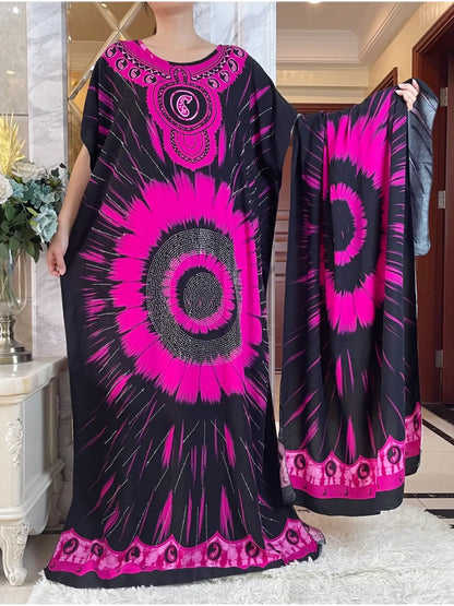 Elegant Tie-Dye Abaya African Floral Cotton Maxi Dress - B&R African Styles