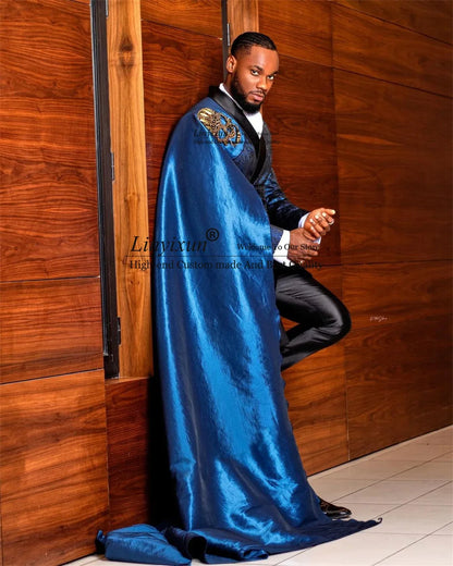 2pcs Blue Jacquard Men's Wedding Slim Suit Tuxedo With Cape - B&R African Styles