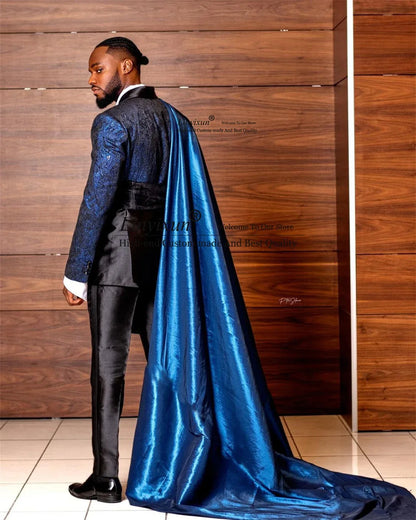 2pcs Blue Jacquard Men's Wedding Slim Suit Tuxedo With Cape - B&R African Styles
