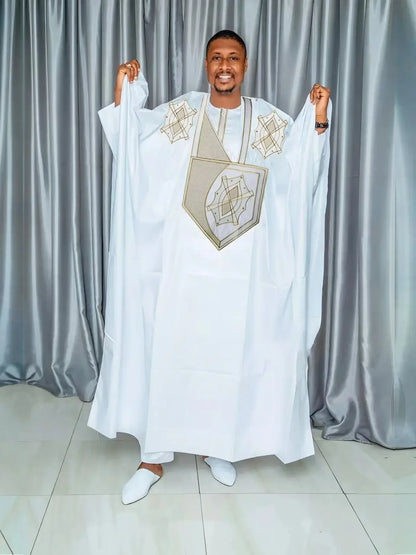 3PCS Men's African Traditional Bazin Riche Embroidery Outfit - B&R African Styles