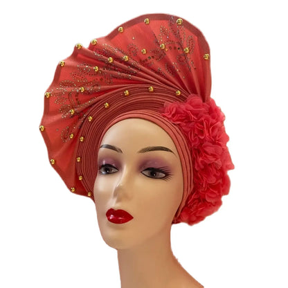 Head Wrap African Aso Oke Gele Headtie Auto Gele With Beads For Wedding Party - B&R African Styles