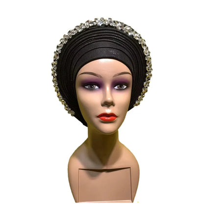 Blue African Hijab Caps with Diamonds Aso Oke Gele Headtie - B&R African Styles