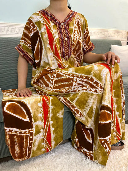 Printed Cotton V-Neck Abayas with Appliques & Pockets - Loose Fit Dress & Headscarf for Women - B&R African Styles
