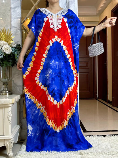 2024 African Floral Dashiki Cotton Maxi Dress - Elegant Tie-Dye Abaya - B&R African Styles