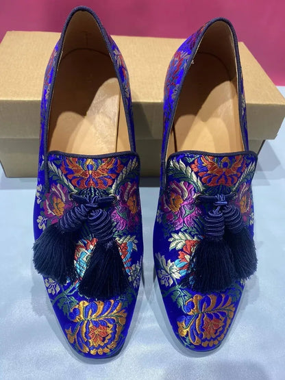 Handcrafted Luxury Men's Tassel Loafers: Elegant Satin Embroidery for Casual and Formal Wear, Perfect for Parties and Proms - B&R African Styles