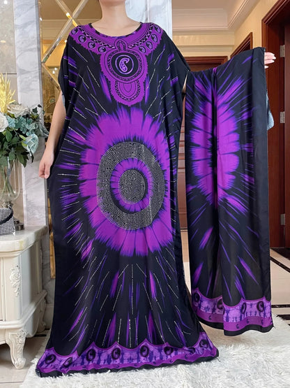 Elegant Tie-Dye Abaya African Floral Cotton Maxi Dress - B&R African Styles