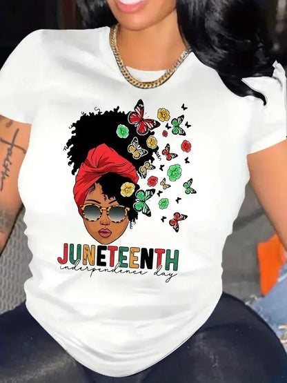 Juneteenth Printed Round Neck Casual T-shirt: Harajuku Style for Women's Freedom Festival - B&R African Styles
