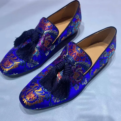 Handcrafted Luxury Men's Tassel Loafers: Elegant Satin Embroidery for Casual and Formal Wear, Perfect for Parties and Proms - B&R African Styles