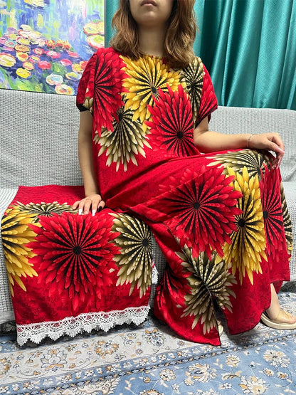 Floral Cotton Abaya for Women with Short Sleeves and Matching Scarf - B&R African Styles