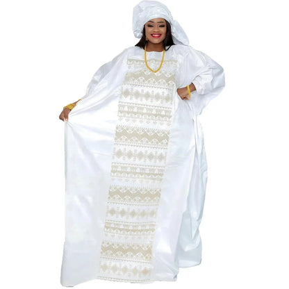 Traditional Bazin Embroidery Dress with Headwrap, and 3Pcs Men's Outfit. - B&R African Styles