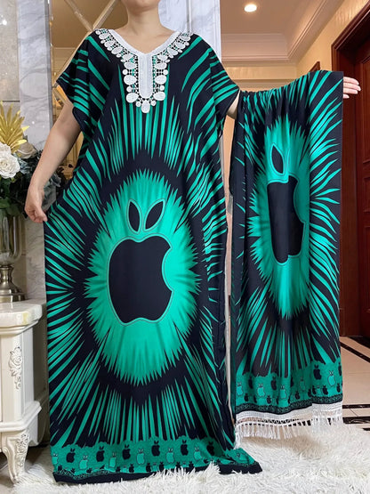 African Dashiki Tie-Dye Dress with Scarf - Floral Cotton Kaftan - B&R African Styles