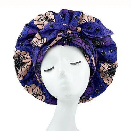 African Print Satin Bonnet with Long Ribbon Wrap Double Layer Headwrap Ankara Pattern Women Hair Cover Hair Wrap Cap - B&R African Styles