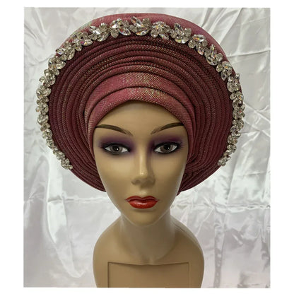 Blue African Hijab Caps with Diamonds Aso Oke Gele Headtie - B&R African Styles