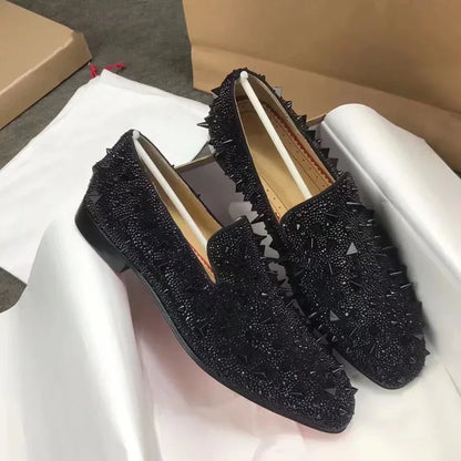 Handcrafted Luxury Men's Black Rhinestone Loafers: Red Bottom Party & Wedding Shoes - B&R African Styles