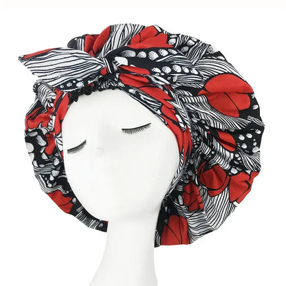 African Print Satin Bonnet with Long Ribbon Wrap Double Layer Headwrap Ankara Pattern Women Hair Cover Hair Wrap Cap - B&R African Styles