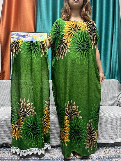Floral Cotton Abaya for Women with Short Sleeves and Matching Scarf - B&R African Styles