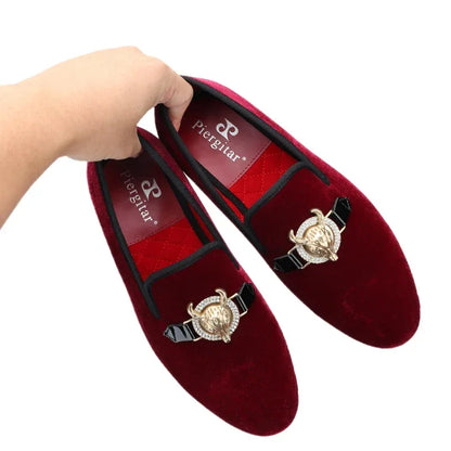 Piergitar Handmade Velvet Men's Smoking Slippers: Cow Buckle, Fashionable Slip-On Loafers for Prom and Banquets - B&R African Styles
