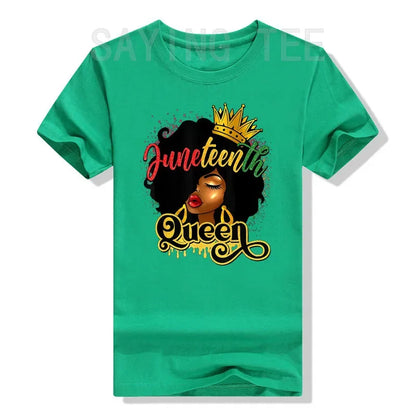 Juneteenth Queen: Afro Natural Hair Graphic Tee Celebrating Black Girl Magic & Family Unity - B&R African Styles